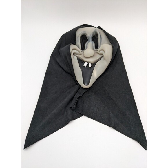 Halloween Goblin Ghost Face Mask Silly Grin Smile Teeth Glows In Dark Blk Shroud - Picture 3 of 10